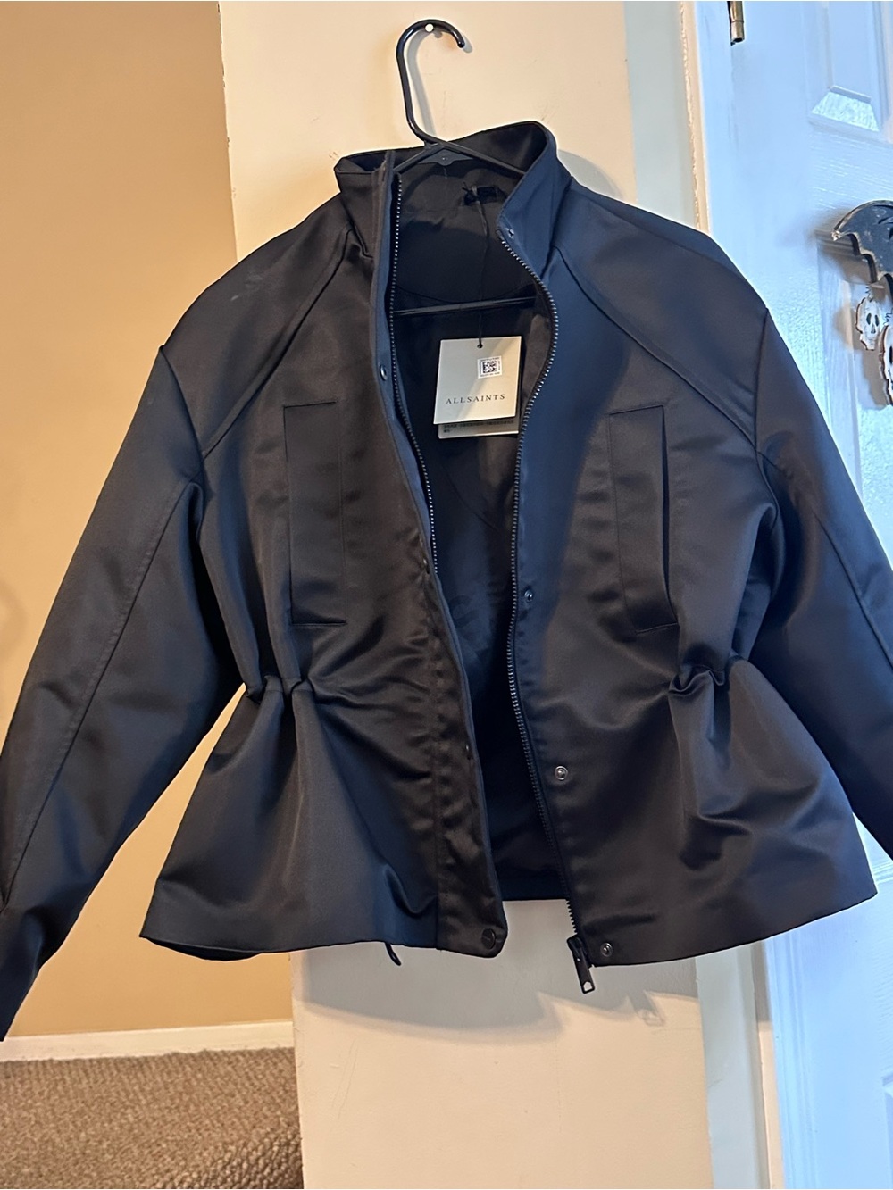 AllSaints Women's Black Bomber Jacket with Stand Collar